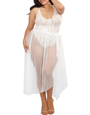  lingerie dreamgirl : body string blanc grande taille échancré et jupe transparente