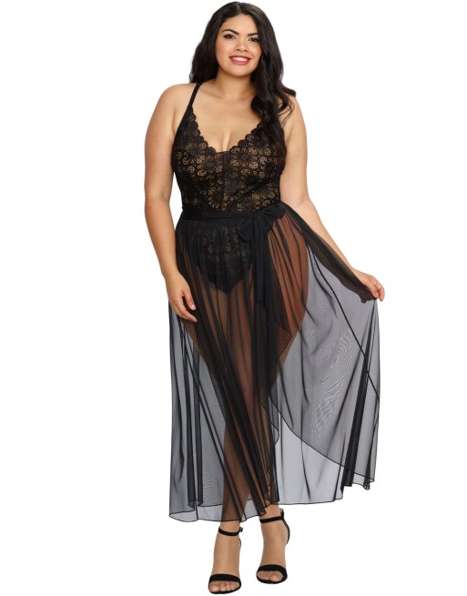  lingerie dreamgirl : body string grande taille noir échancré et jupe transparente