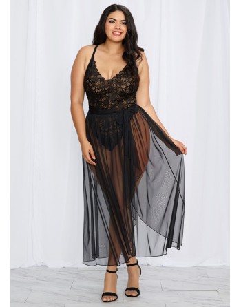  lingerie dreamgirl : body string grande taille noir échancré et jupe transparente