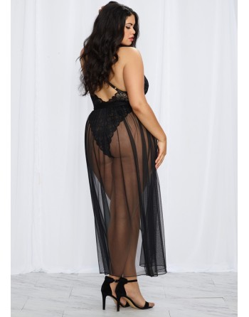  lingerie dreamgirl : body string grande taille noir échancré et jupe transparente