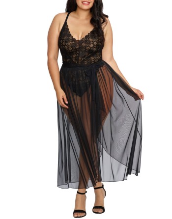  lingerie dreamgirl : body string grande taille noir échancré et jupe transparente