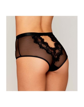 culotte sexy noire en résille et dentelle avec porte jarretelles roses.