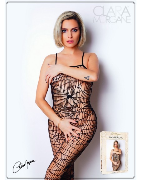 combinaison sexy en résille noire, aspect toile araignée clara morgane