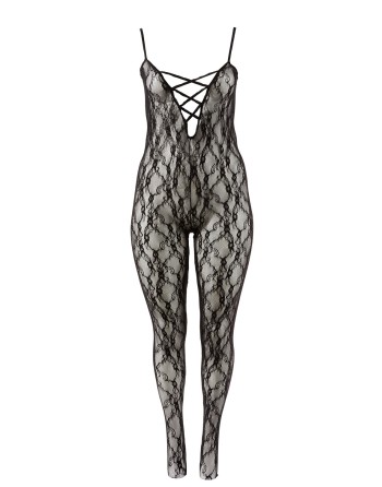 bodystocking avec pieds en dentelle noire avec bandes croisées sur la poitrine de la collection cottelli.