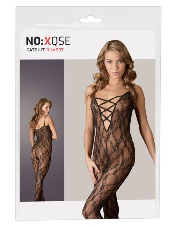 bodystocking avec pieds en dentelle noire avec bandes croisées sur la poitrine de la collection cottelli.