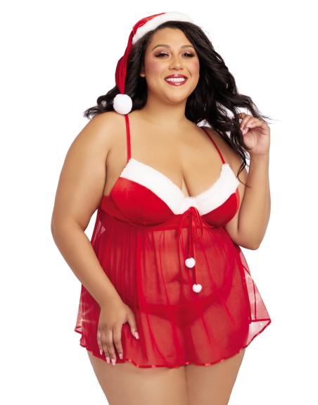 costume mère noël sexy, grande taille, avec sa nuisette rouge et bonnet