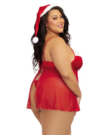 costume mère noël sexy, grande taille, avec sa nuisette rouge et bonnet