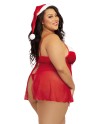 costume mère noël sexy, grande taille, avec sa nuisette rouge et bonnet