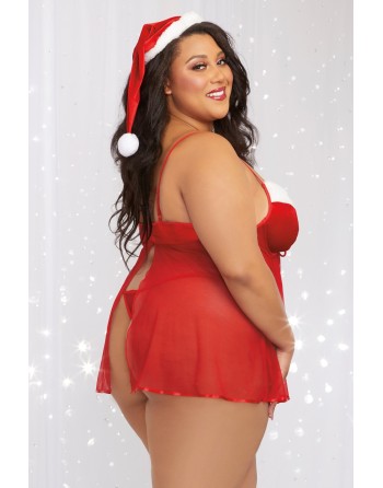 costume mère noël sexy, grande taille, avec sa nuisette rouge et bonnet