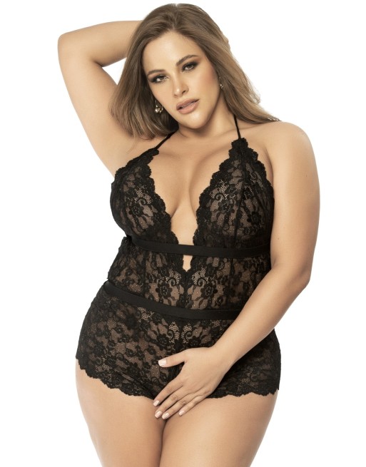 body, grande taille, en dentelle noire ouvert, ouvert à l'entre jambe de la collection mapalé