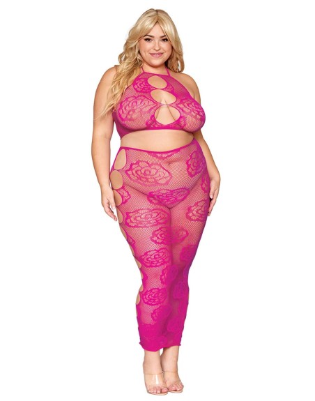 soutiengorge et jupe longue en filet, grande taille, résille rose sexy de dreamgirl lingerie