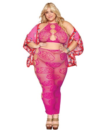 soutiengorge et jupe longue en filet, grande taille, résille rose sexy de dreamgirl lingerie