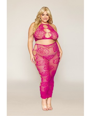 soutiengorge et jupe longue en filet, grande taille, résille rose sexy de dreamgirl lingerie