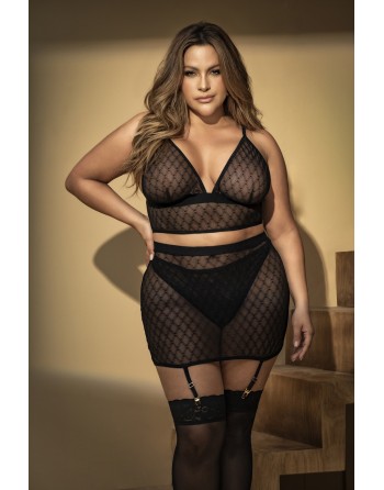 ensemble 3 pièces lingerie sexy, femme forte, noire en fine résille