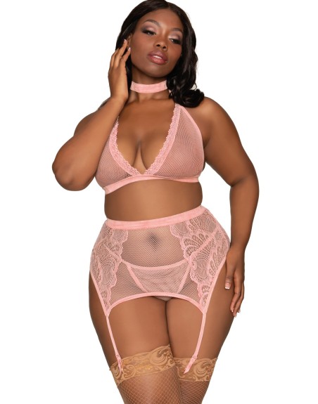 ensemble sexy, grande taille, composé d'un soutiengorge, porte jarretelles, string et collier velours