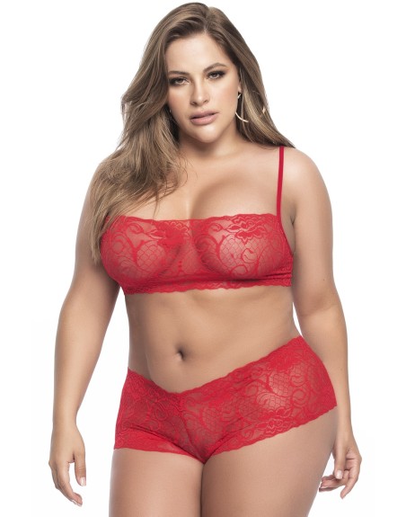  lingerie sexy en top bustier dentelle rouge et shorty pour femmes rondes et pulpuses