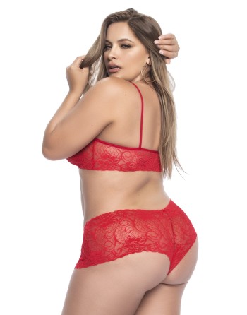  lingerie sexy en top bustier dentelle rouge et shorty pour femmes rondes et pulpuses