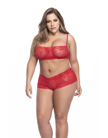  lingerie sexy en top bustier dentelle rouge et shorty pour femmes rondes et pulpuses