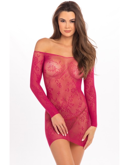  en en mini robe transparente, en dentelle florale, manches longues.