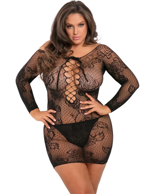  lingerie : nuisette grande taille noire extensible manches 3/4