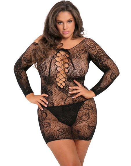  lingerie : nuisette grande taille noire extensible manches 3/4