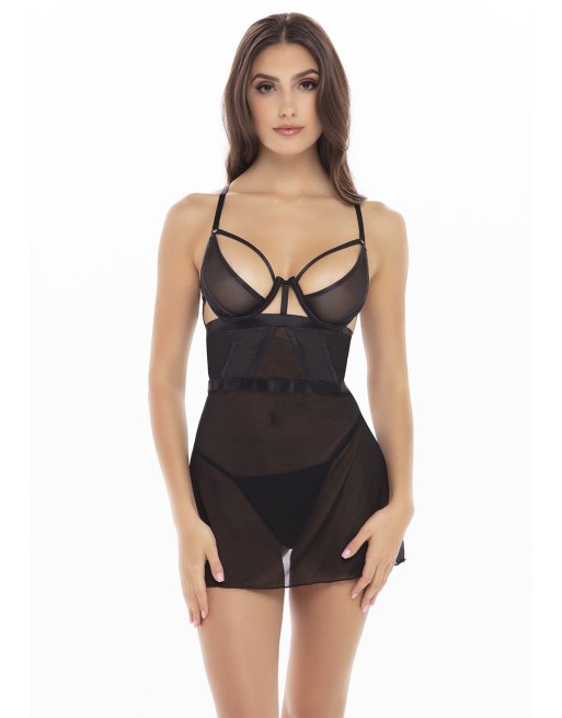 nuisette résille transparente noire et string noire de la collection rené rofé sexy. 