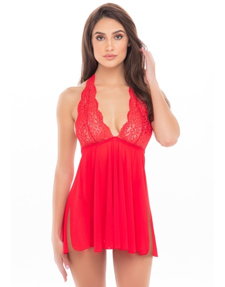  en lingerie sexy, nuisette résillé rouge et fine dentelle de la marque rené rofé. 