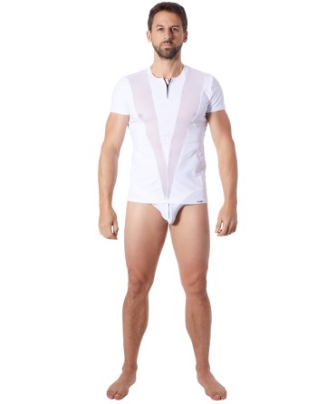 lingerie homme : tshirt blanc avec bandes résille en v