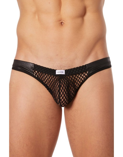  lingerie look me : slip brief noir filet bandes simili cuir