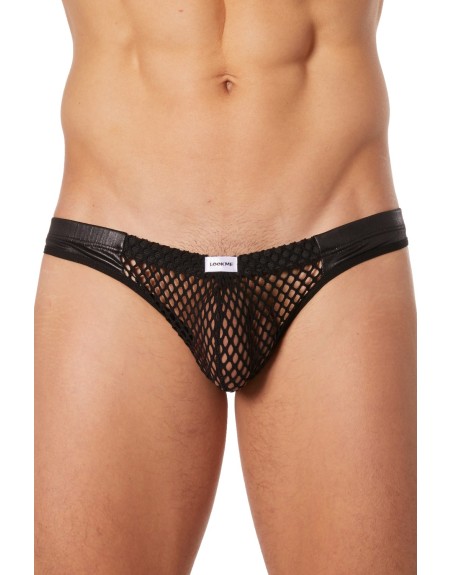  lingerie look me : slip brief noir filet bandes simili cuir