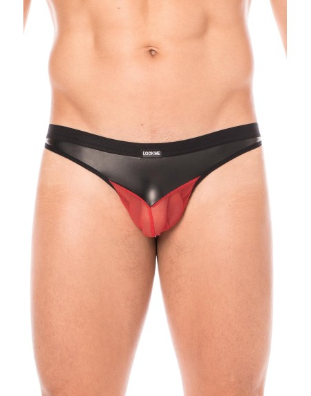  jock en simili cuir et résille rouge transparente.