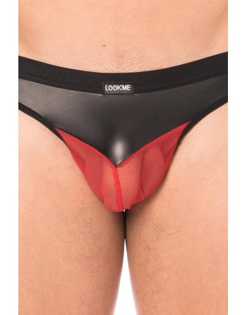  jock en simili cuir et résille rouge transparente.