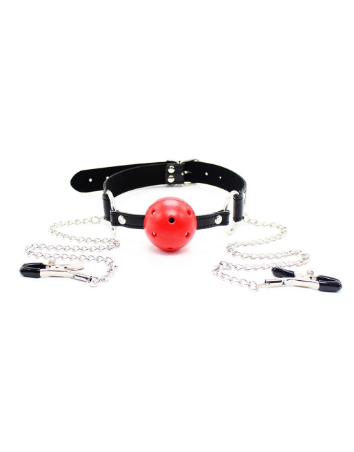 baillon avec boule à trous et 2 chaines avec pinces tétons de la marque dreamy fetish, accessoires bdsm